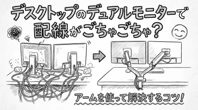 デスクトップのデュアルモニターで配線がごちゃごちゃ？アームを使って解決するコツ！