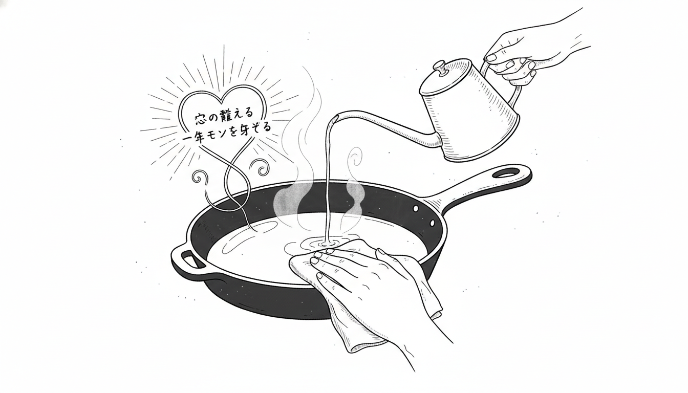 最初の大切な儀式「油ならし」でフライパンを仲間に迎える