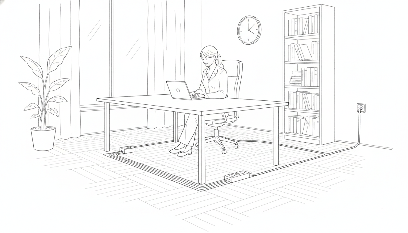 デスク下で一つにまとめて最短距離で床を通すのがポイント